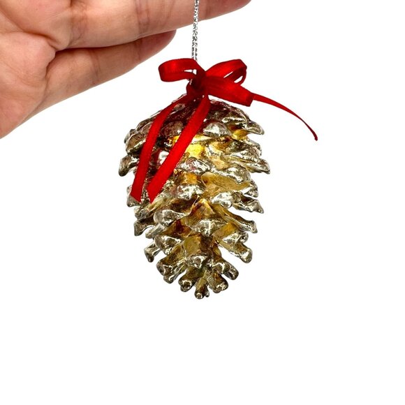 Silver Pine Pinecone Ornament With Red Bow - Picture 5 of 15